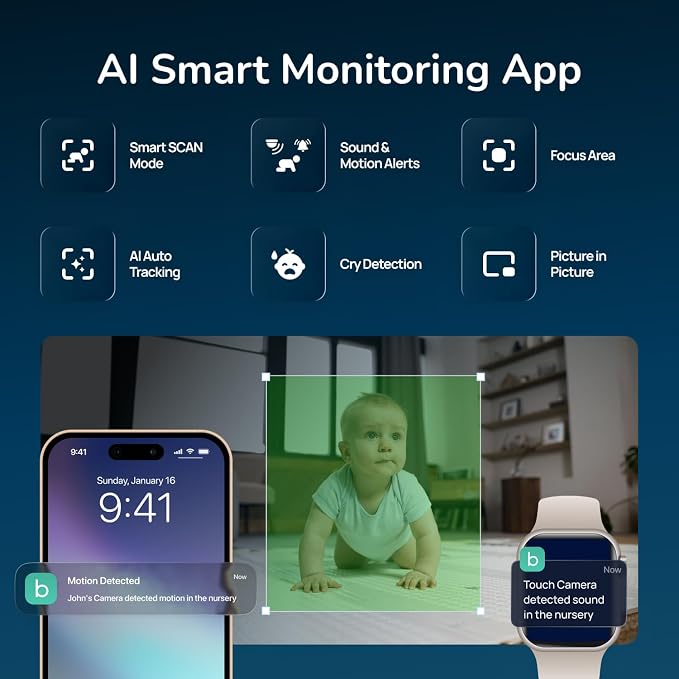 Babysense TOUCH 7" Touchscreen Smart WiFi Baby Monitor with App, Camera and Audio, 2 Cameras with Night Light, 4MP Dual-Lenses with 6X Zoom, AI Auto Tracking, Focus Area, Split-Screen, No Subscription