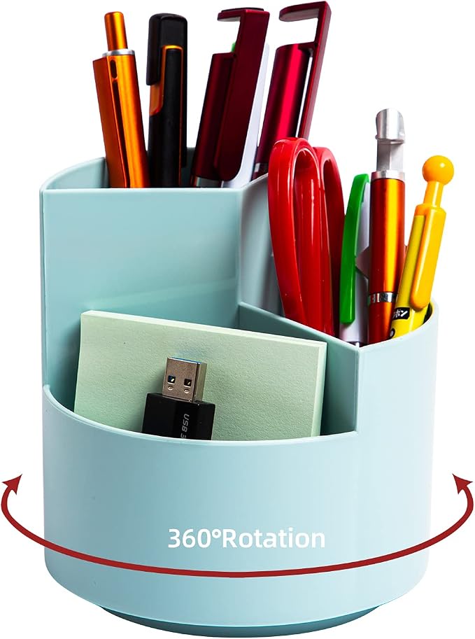 Desk Pencil Pen Holder, 3-Slot 360 Spinning Desk Organizer, Cute Pencil Cup Pot for Office, School, Art Supply - Blue