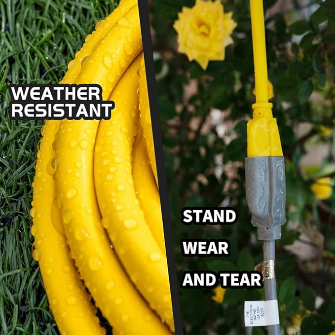 Indoor/Outdoor Extension Cord, 10 Gauge 8FT Yellow, 3 Prong Heavy Duty, Weatherproof, UL Certified, 15A Power Cord for Outdoor Lights, Appliances, Lawn