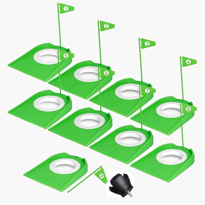 9 Pack Golf Putting Cups with Flags, Plastic Golf Training Aids with Golf Ball Retriever, Putting Training Hole Set for Indoor Outdoor