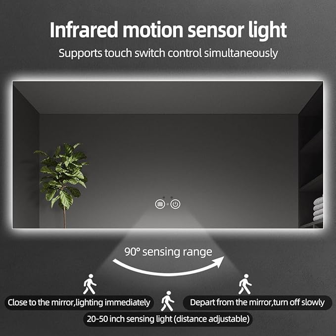 30 x 36 LED Bathroom Vanity Mirror, 3 Colors Four-Side Backlit Mirror Bathroom with Motion Sensor, Stepless Dimmable Wall Mirror with Lights, Anti-Fog, Rectangular, UL-Listed