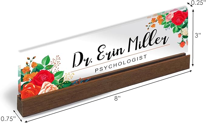 Artblox Personalized Office Desk Name Plate and Business Card Holder | Clear Acrylic Glass with Teak Wood Stand |Mixed Flowers Design Customized with Your Name and Credentials Office Desk Décor
