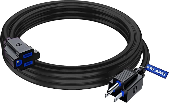 Maximm Extension Cord 8 Ft Black Power Cords Indoor 16 Gauge Wire SJTW Heavy Duty ETL Listed (8Ft, Black with Blue Indicators)