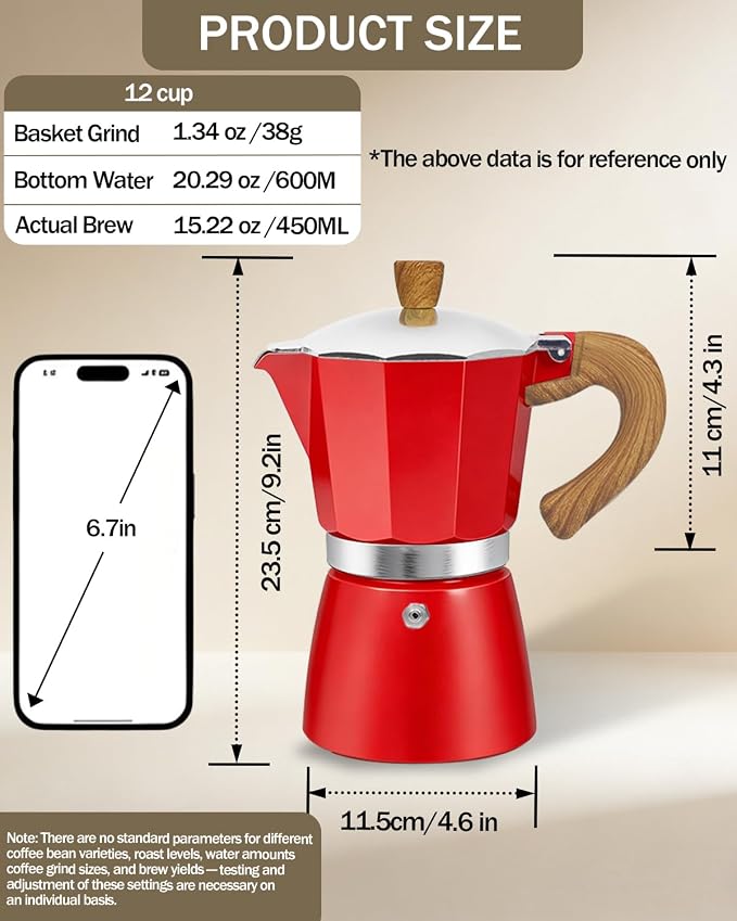 Coffee Maker Stovetop Espresso Maker 12 Cup Aluminum Moka Pot Percolator 20oz 600ml Easy Brewing for Electric Ceramic Stoves Home Camping Italian Cuban Café Classic Red