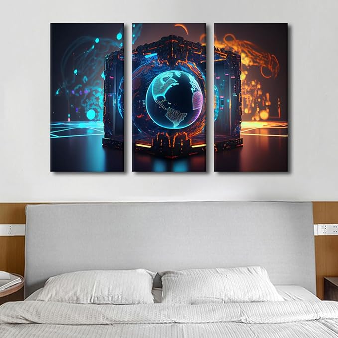 TUMOVO Concept Wall Art 3 Piece Neon Colorful Global World in Cyber Space Canvas Print Art for Bedroom Living Room Decorations, Cyber Space 3D Artwork Posters and Prints Ready to Hang, 60" Wx40 H