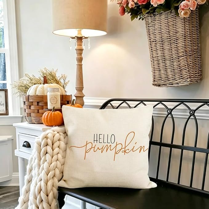 RABUSOFA Fall Pillow Covers 20x20 Inch Fall Decor for Home | Hello Pumpkin Lettering,Indoor Outdoor Use,Harvest Autumn Thanksgiving Decorations for Couch Sofa