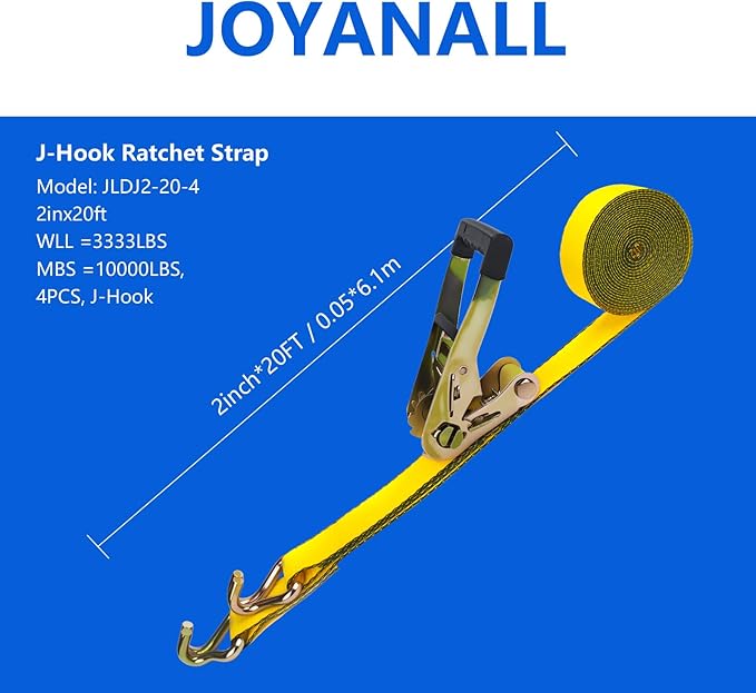 2 Inch Ratchet Straps Heavy Duty，20ft Tie Down Straps Ratchet with Double J Hook, 10000lbs Break Strength, Cargo Ratchet Straps for Moving, Truck, Trailers, Motorcycles (4 Pack)