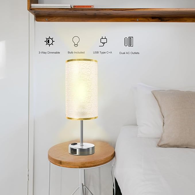 Table Lamp for Bedroom with Touch Control,Bedside Lamp with USB C+A Charging Ports& AC Outlets, Adjustable 3color LED Light for Home Decor/Nightstand/Bedroom/Office,Included Bulb and Fabric Lamp Shade