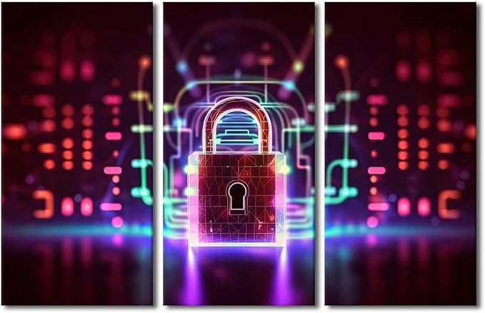 TUMOVO Large Canvas Wall Art 3 Piece Padlock on Technological Circuit Background with Neon Lights, Cyber Security Concept Pictures Print on Canvas for Living Room Wall Decoration, 60" Wx40 H