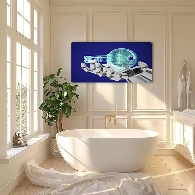 Wibinuki Wall Art Wall Decor Wall Paintings Unlock a New Technology Robot's Hand Holding a Key for Living Room Bedroom Bathroom Home Decor Can Be Hung Directly 20"x 40"