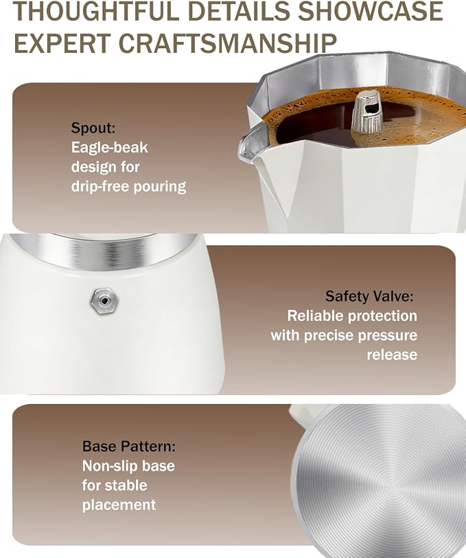 Coffee Maker Stovetop Espresso Maker 6 Cup Aluminum Moka Pot Percolator 10oz 300ml Easy Brewing for Electric Ceramic Stoves Home Camping Italian Cuban Café Classic White