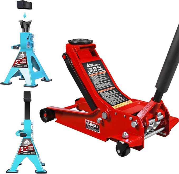 Jack Boss Floor Jack 4 Ton Hydraulic Low Profile Jack with Dual Piston Quick Lift Pump and 3 Ton (6600 LBs) Adjustable Ratchet Car Lifting Jack Stand with Dual Secure Pins