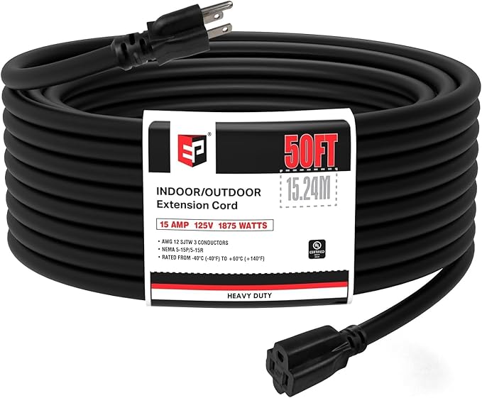 EP 50 Ft Outdoor Extension Cord - 12/3 SJTW Heavy Duty Black Extension Cable with 3 Prong Grounded Plug - Power Cord for Lawn, Garden, Appliances