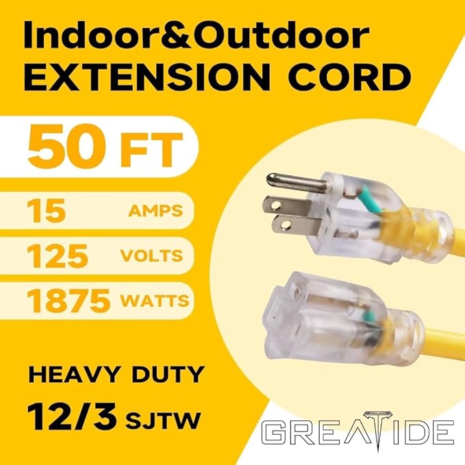 Outdoor Extension Cord with Lighted End, 12 Gauge Heavy Duty Extension Cord 50 FT, 3 Prong Grounded 15 Amp Extension Cord, 12/3 SJTW Waterproof Power Cord for Appliance, UL Listed, Black