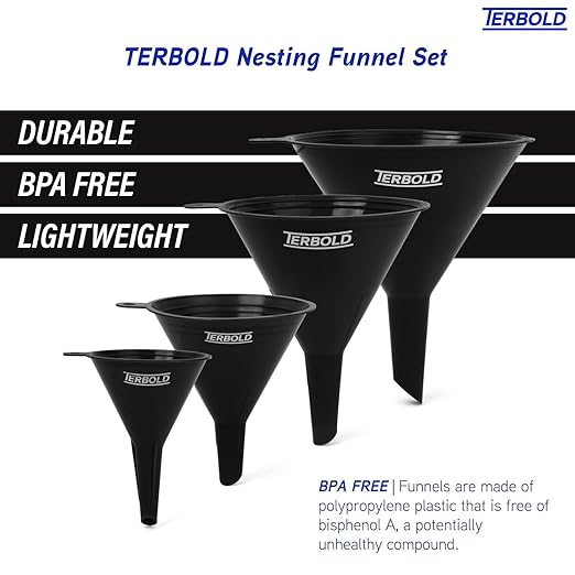 4pc Funnel Nesting Set in BPA Free Plastic for Kitchen Cooking, Car Oil, Home, or Lab Use (Black)