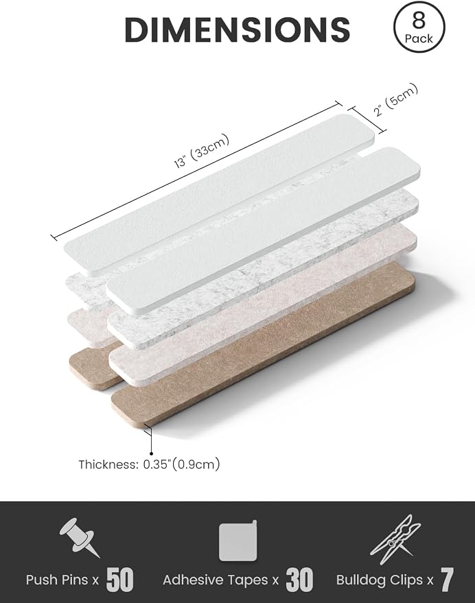 Fluxynara 13" x 2" Felt Wall Panels, Stone Beige | 8-Pack Includes 50 Push Pins and Adhesive Tabs for Photos, Notes and Decor in Bedroom Doors, Home Office or Studios