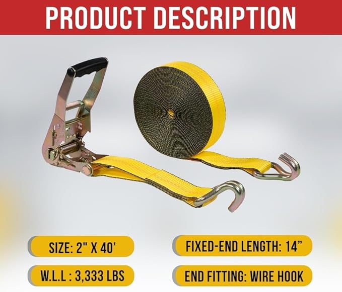 Mytee Products 10 Pack 2" x40' Yellow Ratchet Strap with J Hooks - 10,000 Lbs Breaking Strength - Heavy Duty Tie Down Cargo Truck Straps with Wire Hooks for Flatbed, Truck, Trailers Pickup