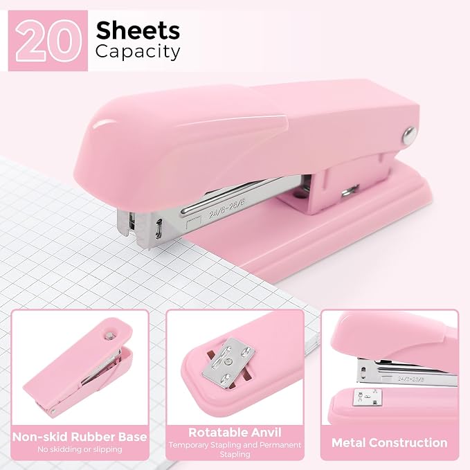 SKYDUE Pink Office Supplies Set, Pencil Holder for Desk,Gel Pen, Stapler, Tape Dispenser, Scissors,Clips and 1000pcs Staples, Office Decor for Women, Pink Desk Accessories