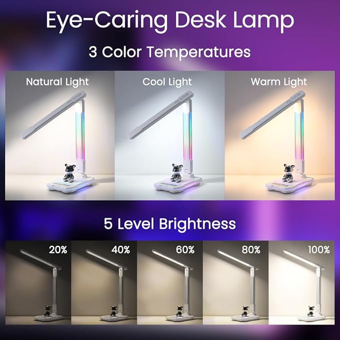 RGB Gaming Desk Lamp with Music Sync,Dimmable LED Lamp with Wireless Charging Station,USB Charging Port,Color Changing Touch Control Light for Gamer Room Decor,Reading,Office,Gift Ideas