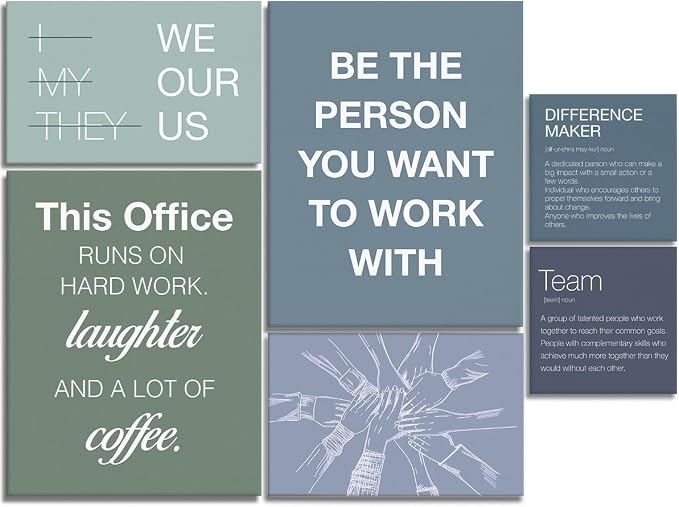 YEOION Motivational Office Wall Art,Inspirational Teamwork Wall Art for Office,Light Blue and Green Positive Teamwork Wall Decor for Workplace Set of 6