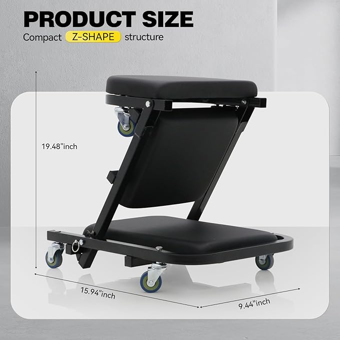 POLARBEAR Mechanic Creeper 40" Z Creeper Seat, 2 in 1 Rolling Folding Car Stool, Automotive Chair with 6 Mute Swivel Casters, Under Car Auto Repair for Man Gift 500 lbs Capacity Black