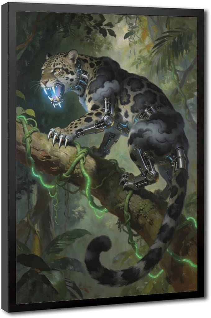 Framed Steampunk Mechanical Leopard Wall Art - Jungle Futuristic Beast Poster for Man Cave Living Room Decor 24x36in