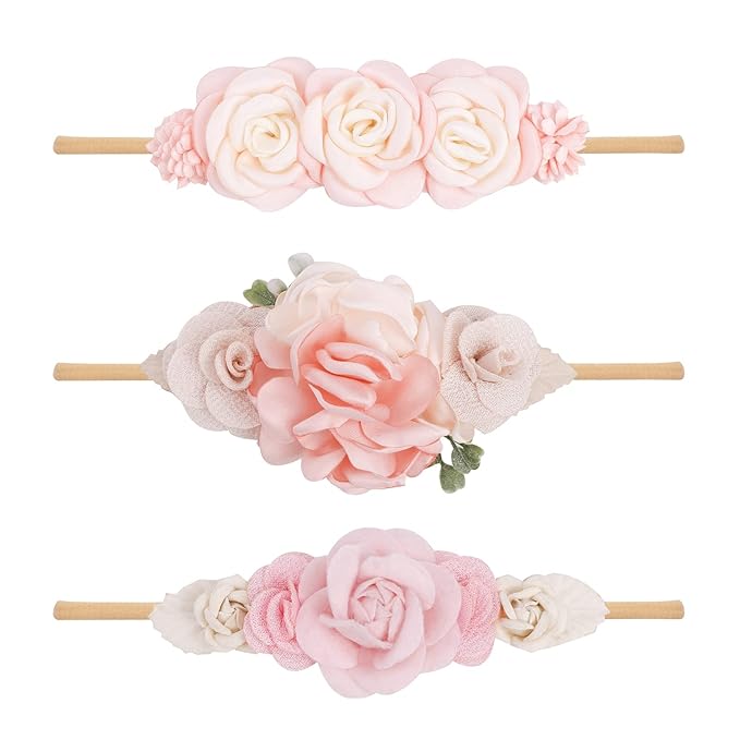 cherrboll 3pcs Baby Girl Headbands Flowers, Super Soft & Stretchy Nylon Floral Hairbands for Newborn Toddler