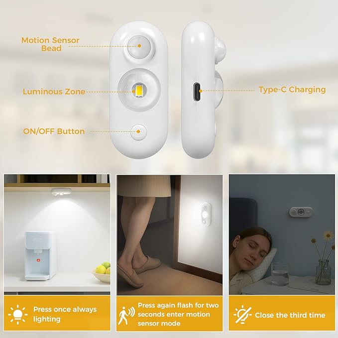 LED Motion Sensor Puck Lights, Small Rechargeable Under Cabinet Light, Dimmable Daylight White Closet Lights, Wireless Under Cabinet Lighting for Drawer, Kitchen (4 Pack, White)