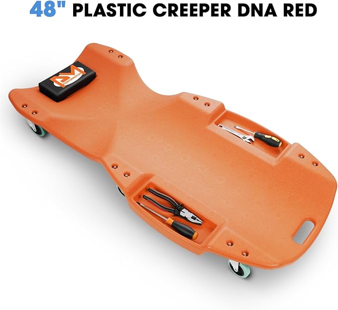 PM PERFORMOTOR Inches Heavy-Duty Low-Profile Roller Automotive Creeper with Padded Headrest, Orange, PM-TOL-CPC48-OG