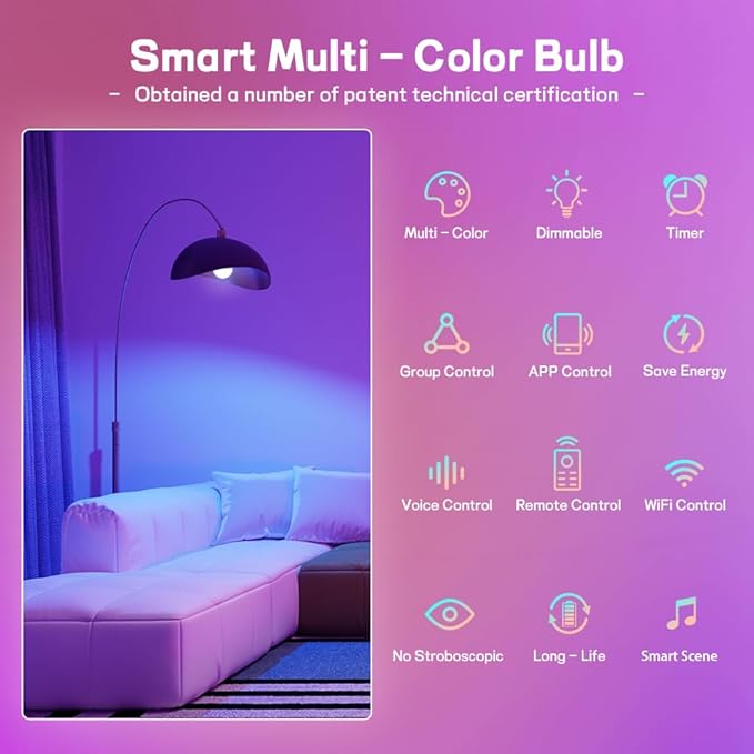 Smart Light Bulbs,Full Color Changing Dimmable LED Bulb,Compatible with Alexa and Google Assistant,UL FCC Certified,2.4GHz WiFi+Bluetooth LED Light Bulbs, Music Sync Smart Home Lighting (10)