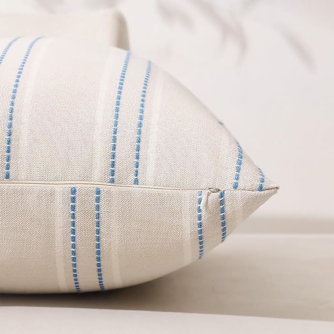 Hckot Striped Throw Pillow Covers 18x18 Set of 2 Lake Blue Pillow Covers | Farmhouse Decorative Pillows Textured Linen Square Cushion Covers for Sofa Couch Bed Living Room Decor(Lake Blue)