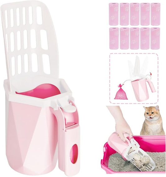Cat Litter Scoop, Cat Litter Scooper with Holder and 150 Cat Poop Bags for Litter Box: Removable Litter Sifter Shovel and Large Capacity Trash Can, Portable Kitty Poop Scooper Built in Bags (Pink)