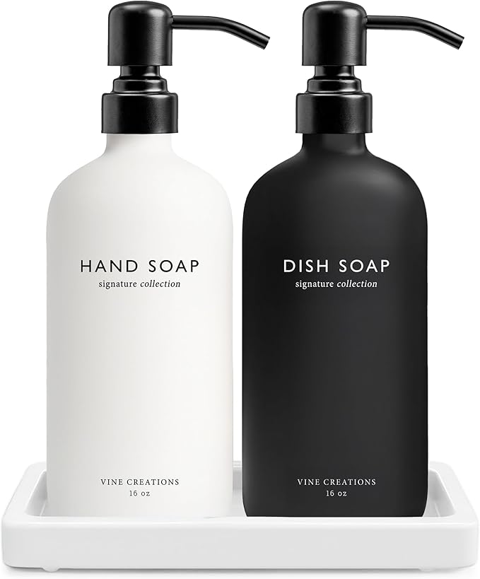 Vine Creations Glass Soap Dispenser Set, Kitchen Soap Dispenser Set with Ceramic Tray, 16 oz Dish Soap and Hand Soap Dispensers with Stainless Steel Pump Decor (White and Black Bottles/Matte Black)