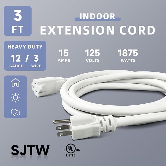 EP 12/3 3 FT Indoor Outdoor White Extension Cord Waterproof, 12 Gauge 3 Prong Power Cord Flexible Resistant Appliance Extension Cable Electric Cable Outside, 15A 1875W 12AWG SJTW, ETL Listed