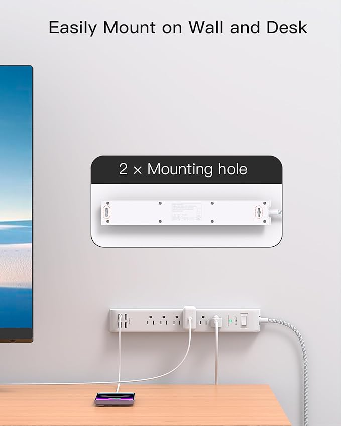 Surge Protector Power Strip - 6 Outlets 4 USB Charging Ports, 5Ft Braided Extension Cord, Flat Plug, Overload Protection, Wall Mount for Home Office, Dorm Room Essentials