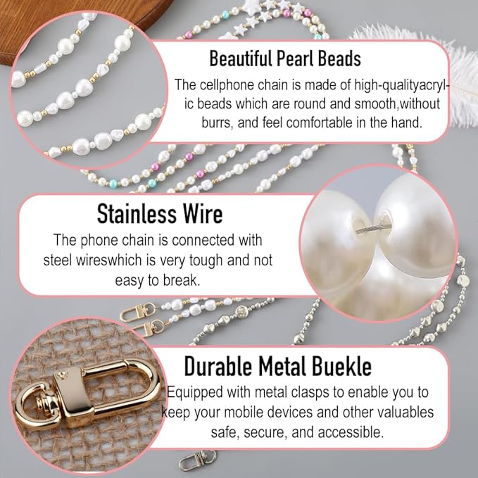 Phone Chain Crossbody Pearl Strap,Pearl Beaded Chain Shoulder Crossbody Lanyard with Phone Tether Patches Compatible with Most Phones Bag Purse(H)