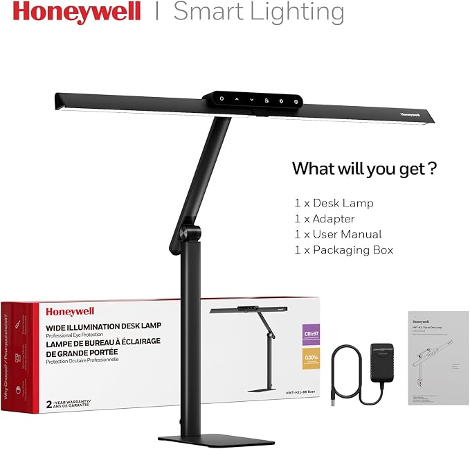 Honeywell HJ1BK Eye-Caring 1200LM LED Architect Desk Lamp for Home Office | CRI≥97, Flicker-Free，4 Color Temps,Task Desk Light with Base for Computer,Study,Black
