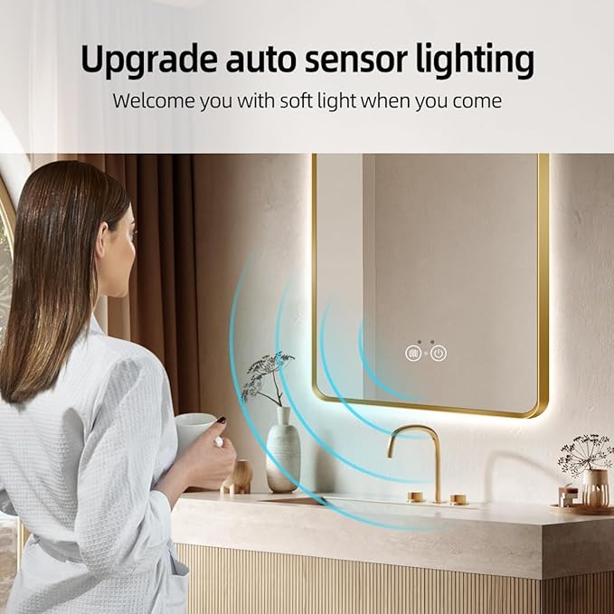 36" H x 24" W Gold LED Bathroom Mirror, Smart Backlit Mirror with Infrared Motion Sensor Lights, Anti Fog, Stepless Dimmable & Color Temperature Adjustment, Wall Mounted Vanity Mirror, CRI≥93