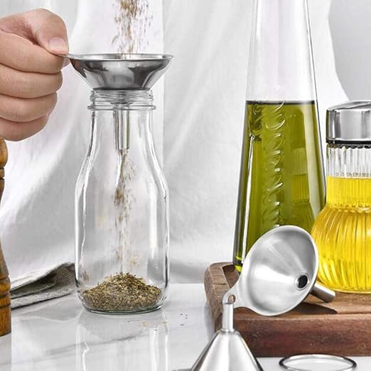 3 in 1 Metal Funnels for Filling Bottles Stainless Steel Small Kitchen Funnel Set for Transferring Essential Oils Liquid Fluid Spice Dry Ingredients Powder, Durable (‎Short-Handled Funnel)