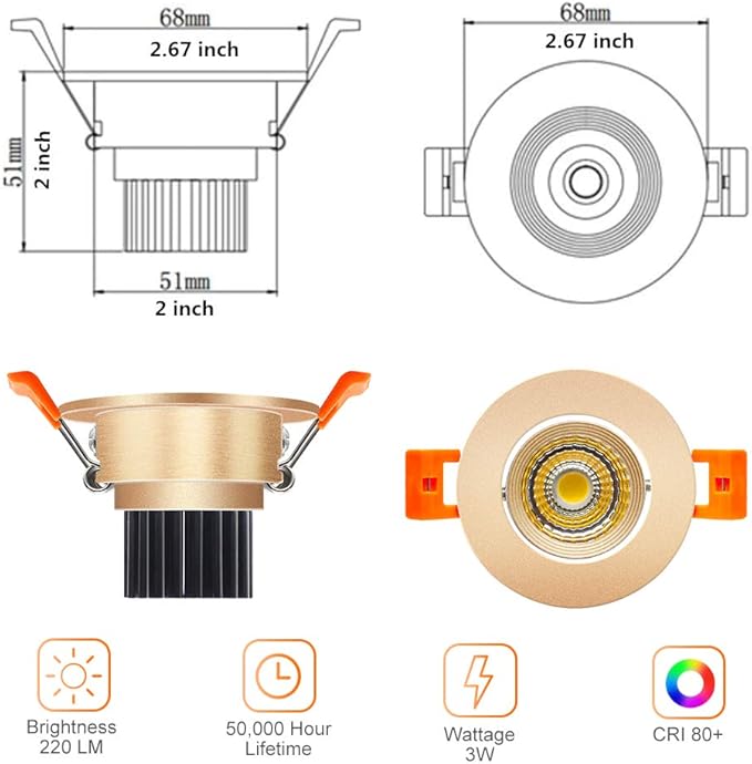 LightingWill 2inch LED Dimmable Downlight, 3W COB Recessed Ceiling Light, Natural White 4000K-4500K, CRI80, 25W Halogen Bulbs Equivalent, Gold (4Pack)