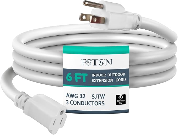 6 ft Heavy Duty Extension Cord - 12/3 SJTW 15 AMP Indoor Power Cord with 3 Prong Grounded Plug for Lawn Mower, Appliances, Workshop, Christmas Lights Water Resistant Flexible Cable White.