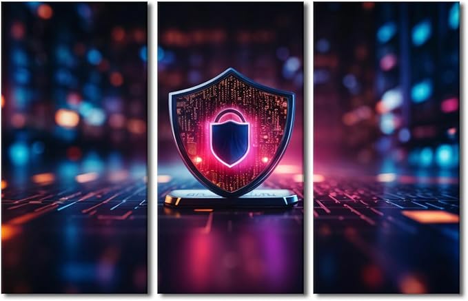 TUMOVO 3 Panel Wall Art for Living Room, Cyber Security and Data Protection Pictures Print On Canvas Artwork for Home Office Wall Decoration, Wooden Framed Ready to Hang, 42" Wx28 H