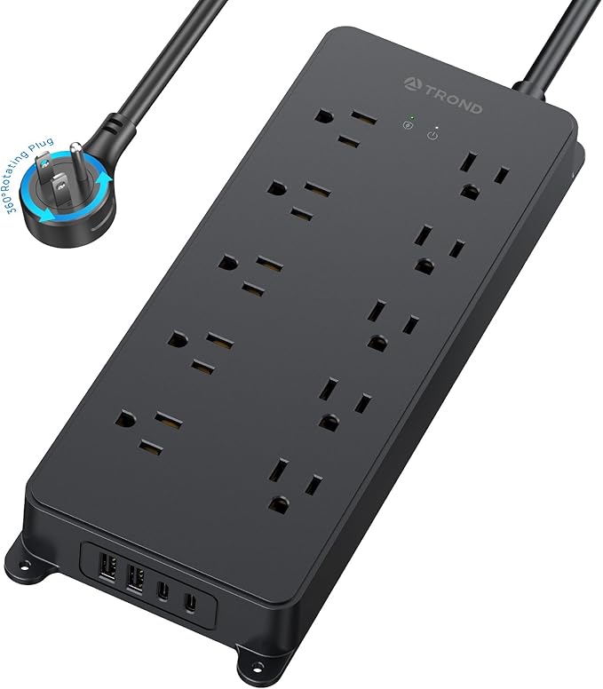 TROND Surge Protector Power Strip with 360° Rotating Flat Plug, 4000J, ETL Listed, 10 Widely Spaced Outlets, 2 USB A and 2 USB C, 5ft Extension Cord, Wall Mountable, for Home Office Garage, Black
