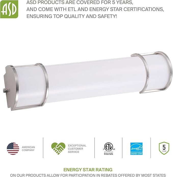 ASD LED 36" Vanity Flush Mount Light Fixture, Linear Bathroom Lighting Bar | 3CCT, Dimmable, Energy Star, ETL Listed | 30W 2650LM 3000-5000K 120V | Long Bath Wall Sconce Over Mirror | Nickel, 4 Pack