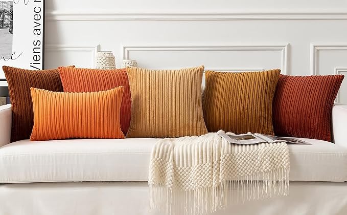 UGASA Fall 14x24 Inch Pillow Cover Pack of 1 Soft Boho Stripe Corduroy Long Rectangle Lumbar Cushion Case Farmhouse Decorative Throw Pilowcase for Bed, Couch, Sofa, Bedroom, Living Room, Dark Orange