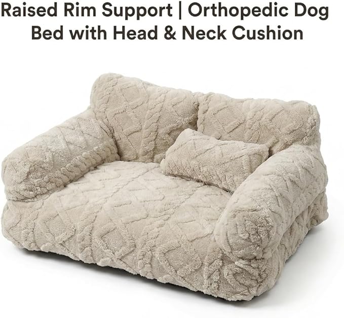 Plush Calming Pet Sofa Bed, Raised Rim, Removable Cover & Non-Slip Bottom for Cats & Dogs, Calming Dog Bed Fluffy Plush Dog Mat for Furniture Protector with Removable Washable Cover (Grey, Large)