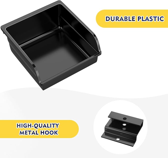 6 Pack Slatwall Bins with Hooks Plastic Slatwall Organizer Slatwall Containers Workbench Bins for Slat Wall Organizing Hardware, Garage, Craft Room, Tool Shed, Hobby Supplies (6, Black)
