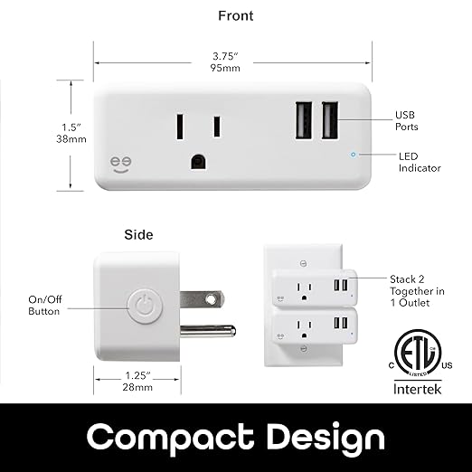 Geeni Switch + Charge Multi Port Smart Wi-Fi Plug with 2 USB Ports, Energy Saving Outlet with App Control, Compatible with Alexa and Google Home