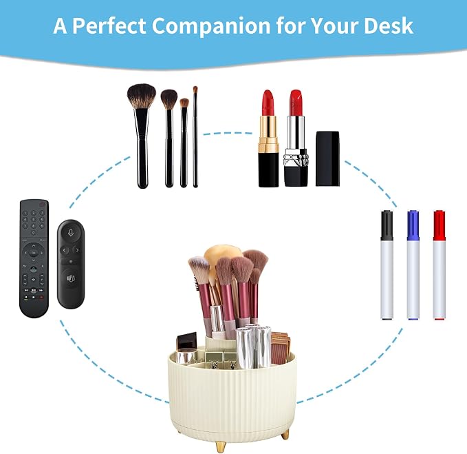 Marbrasse Desk Organizer, 360-Degree Rotating Pen Holder, 5-Compartment Pencil Organizer, Art Supply Storage Box Caddy for Office and Home (Ivory)