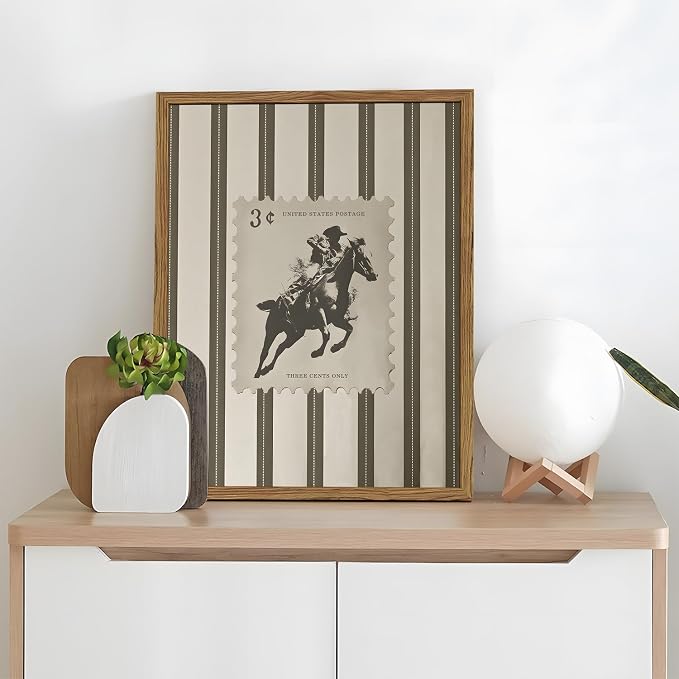 Vintage Western Wall Art Southwest Cowboy Wall Decor Pictures Mid Century Southwestern Striped Cowboy Riding Horse Poster Canvas Prints for Bedroom Living Room 24x36 inch Wood Framed